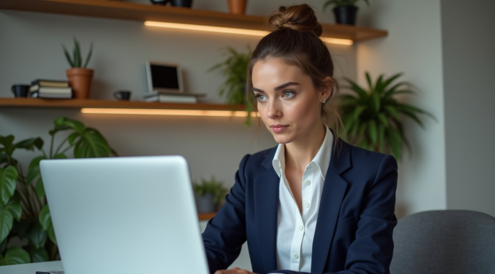 Jeune femme au bureau vérifiant un site sécurisé sur son ordinateur