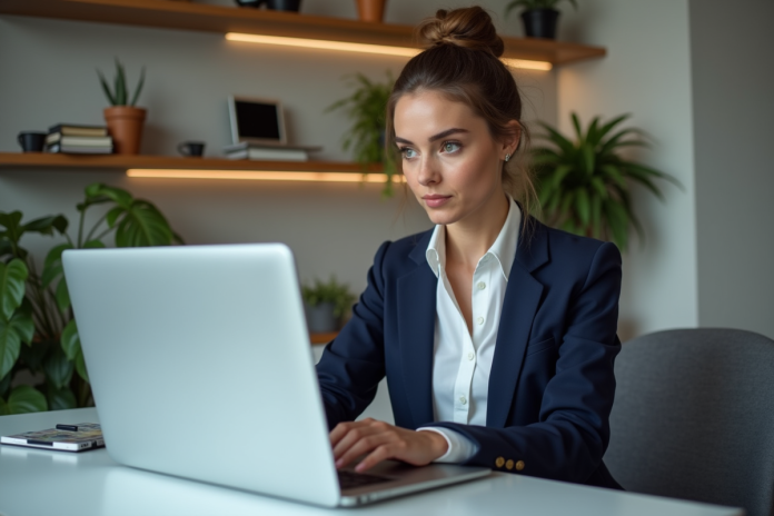 femme-bureau-ordinateur-securite Jeune femme au bureau vérifiant un site sécurisé sur son ordinateur