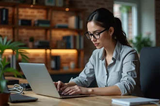 Femme utilisant un navigateur web sur un ordinateur portable avec un routeur Wi-Fi et des câbles ethernet posés sur un bureau en bois, illustrant la différence entre internet et le web