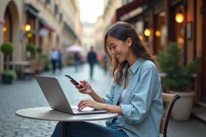 Femme souriante au café dans une ville européenne