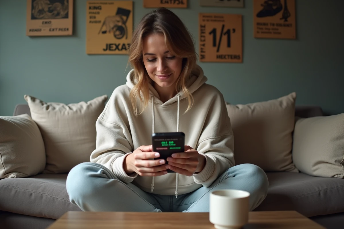 Une jeune femme nostalgique consulte un classement de ping rétro sur son smartphone dans un salon chaleureux, illustrant la tendance nostalgie Internet