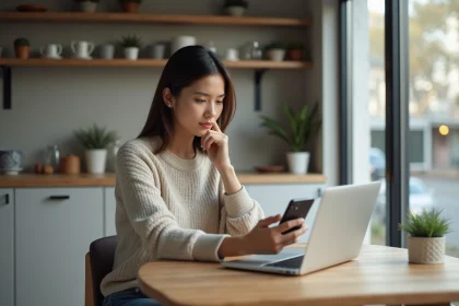 Femme assise comparant smartphones dans une cuisine moderne