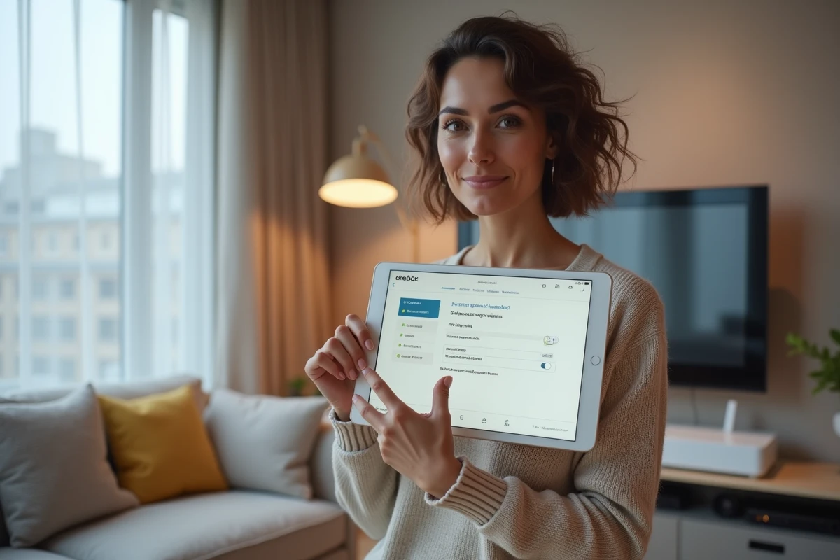 Femme consultant l'interface mafreebox sur tablette pour configurer le réseau Wi-Fi de sa Freebox dans un salon moderne