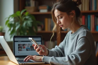 Jeune femme consultant un profil Instagram sur son smartphone depuis un bureau à domicile, illustrant la navigation sur un site tiers pour voir des comptes Instagram