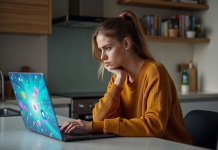 Femme dans la cuisine regardant son ordinateur portable