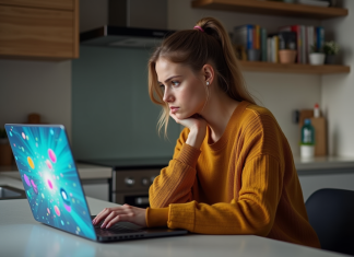 Publicités ciblées : quels inconvénients ? Impact sur la vie privée et expérience utilisateur Femme dans la cuisine regardant son ordinateur portable