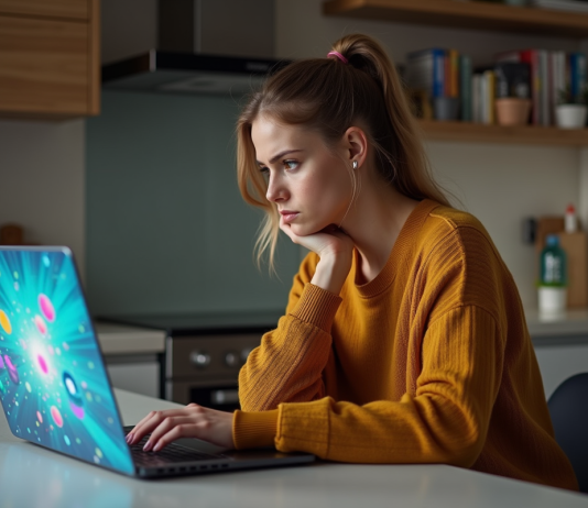 Femme dans la cuisine regardant son ordinateur portable