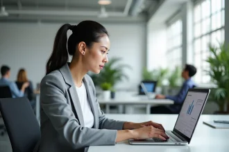Femme professionnelle consultant le logiciel Epsilon Soft sur un ordinateur portable dans un bureau moderne en 2026