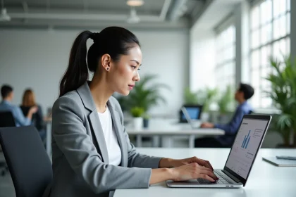 Femme professionnelle consultant le logiciel Epsilon Soft sur un ordinateur portable dans un bureau moderne en 2026