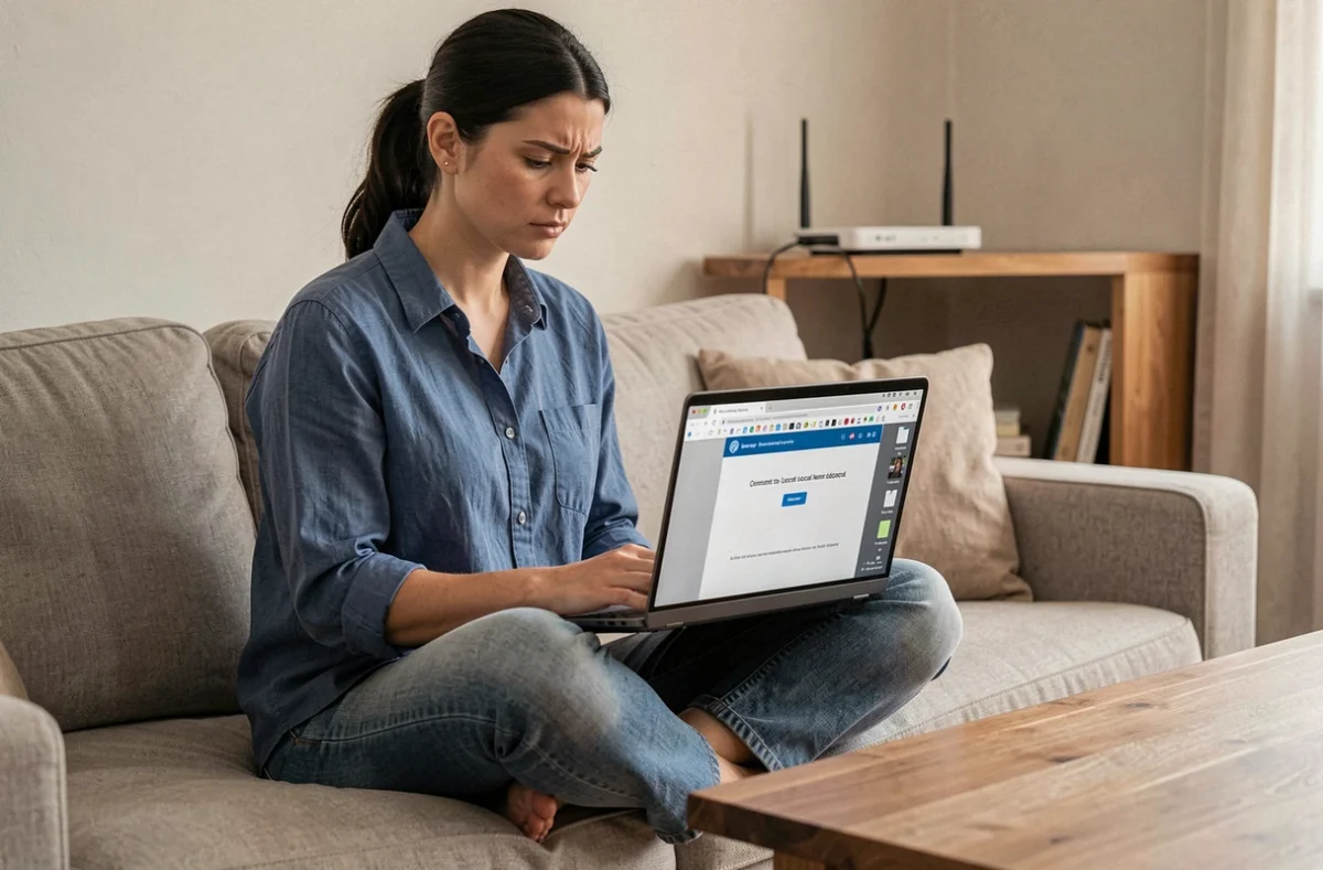Femme consultant une erreur de connexion réseau sur un ordinateur portable dans un salon avec routeur Wi-Fi