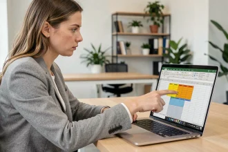 Femme utilisant Excel sur un ordinateur portable dans un bureau moderne pour figer des cellules