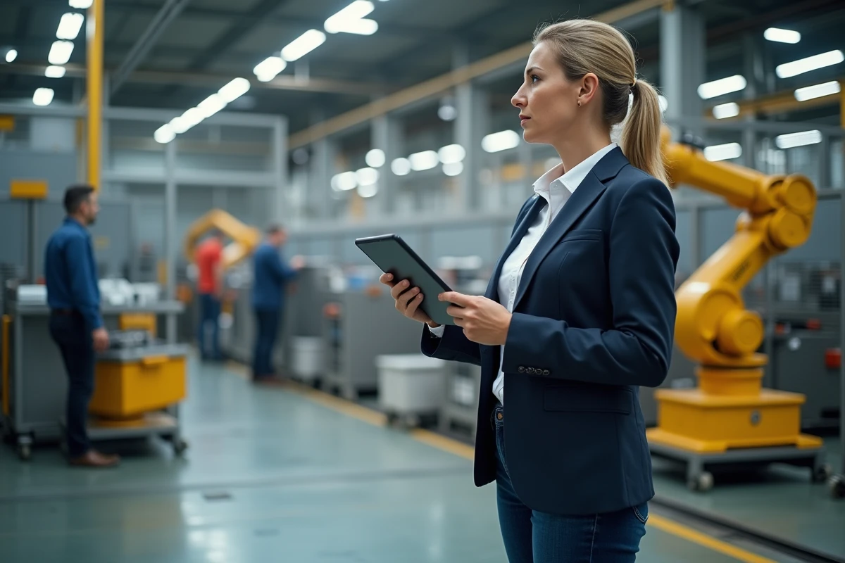 Ingénieure observant un robot dans une usine industrielle