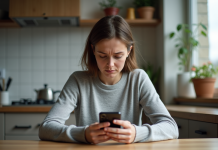 Récupérer Google Authenticator : téléphone perdu, que faire ? Femme inquiète assise à la cuisine avec téléphone absent
