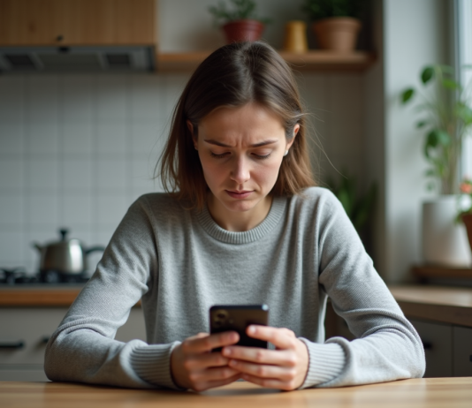 Récupérer Google Authenticator : téléphone perdu, que faire ? Femme inquiète assise à la cuisine avec téléphone absent