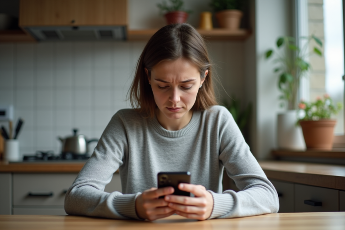 femme-inquiette-cuisine Femme inquiète assise à la cuisine avec téléphone absent