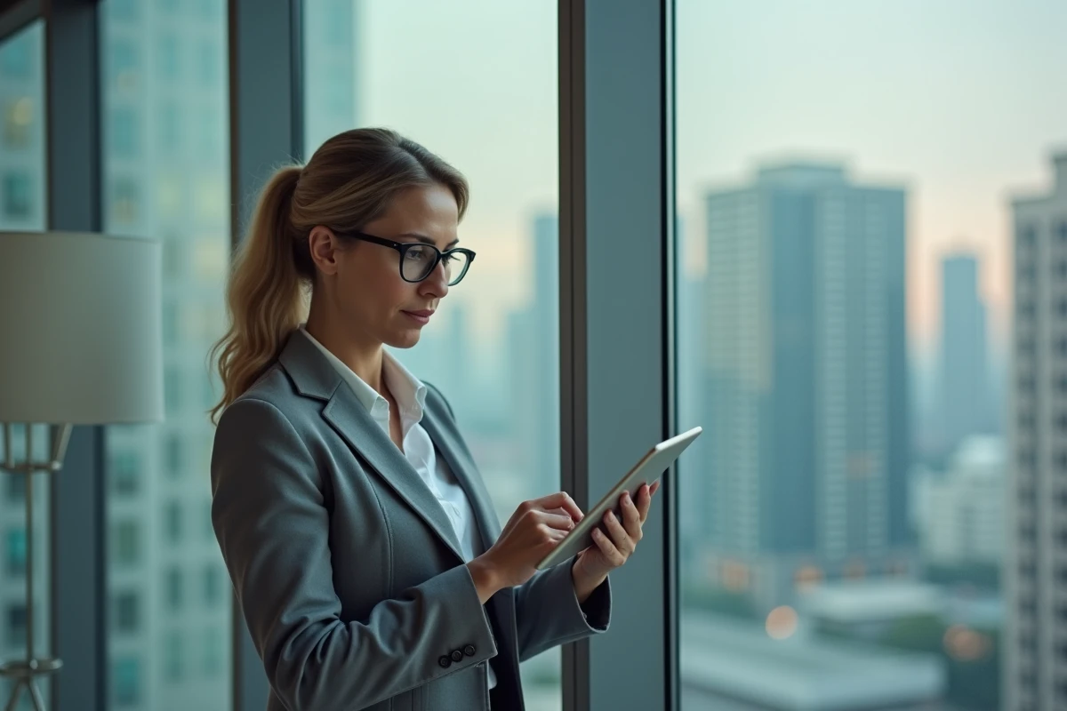 Femme d affaires lisant des nouvelles sur une tablette dans un bureau moderne