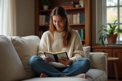 Femme lisant un livre numérique sur une liseuse Kindle dans son salon, entourée de livres papier sur des étagères en bois