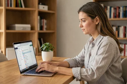 Femme organisant ses favoris de navigateur sur un ordinateur portable dans un bureau à domicile bien rangé