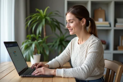 Femme organisée vérifiant sa boîte mail à Lyon dans un bureau calme
