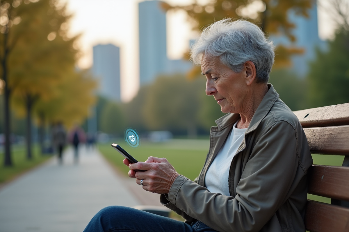 Femme âgée utilisant son smartphone avec 5G dans un parc urbain