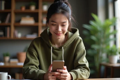 Femme utilisant le presse-papier sur un smartphone Android à son bureau à domicile