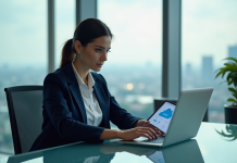 Femme professionnelle regardant des diagrammes cloud sur une tablette