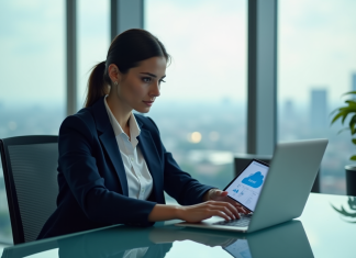 Femme professionnelle regardant des diagrammes cloud sur une tablette