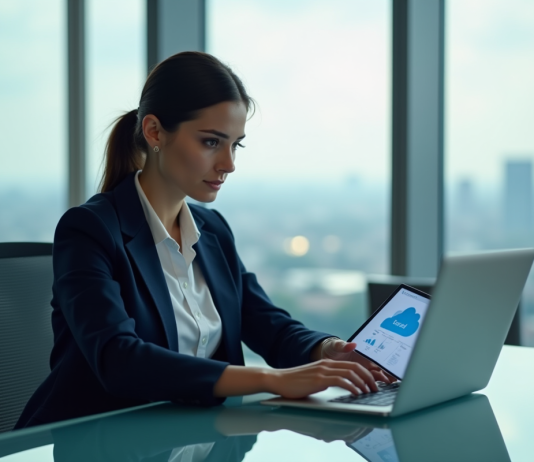 Femme professionnelle regardant des diagrammes cloud sur une tablette