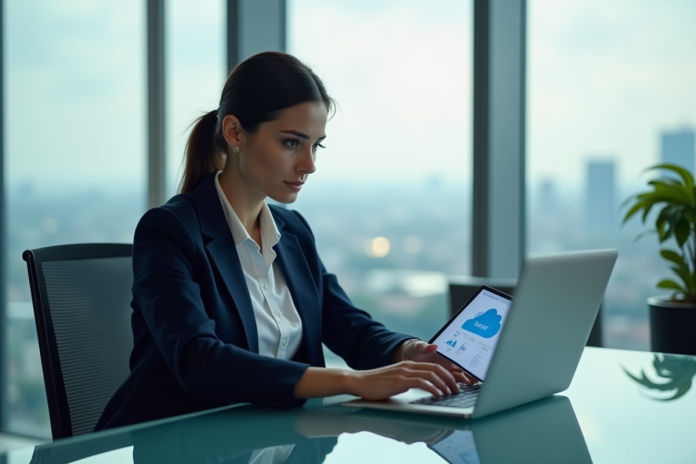 Femme professionnelle regardant des diagrammes cloud sur une tablette