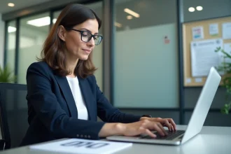 Femme professionnelle en blazer navy travaillant sur un ordinateur