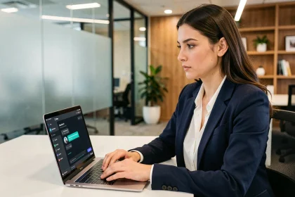 Femme professionnelle utilisant l'application Tchap sur ordinateur portable dans un bureau moderne