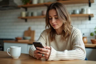 Femme programmant un message WhatsApp sur son smartphone dans une cuisine chaleureuse