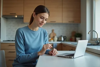 Jeune femme examinant un routeur WiFi dans la cuisine