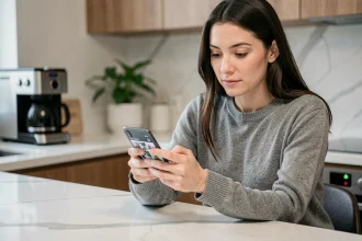 Femme consultant sa galerie photo sur smartphone Samsung pour gérer ses images dans le cloud en 2026
