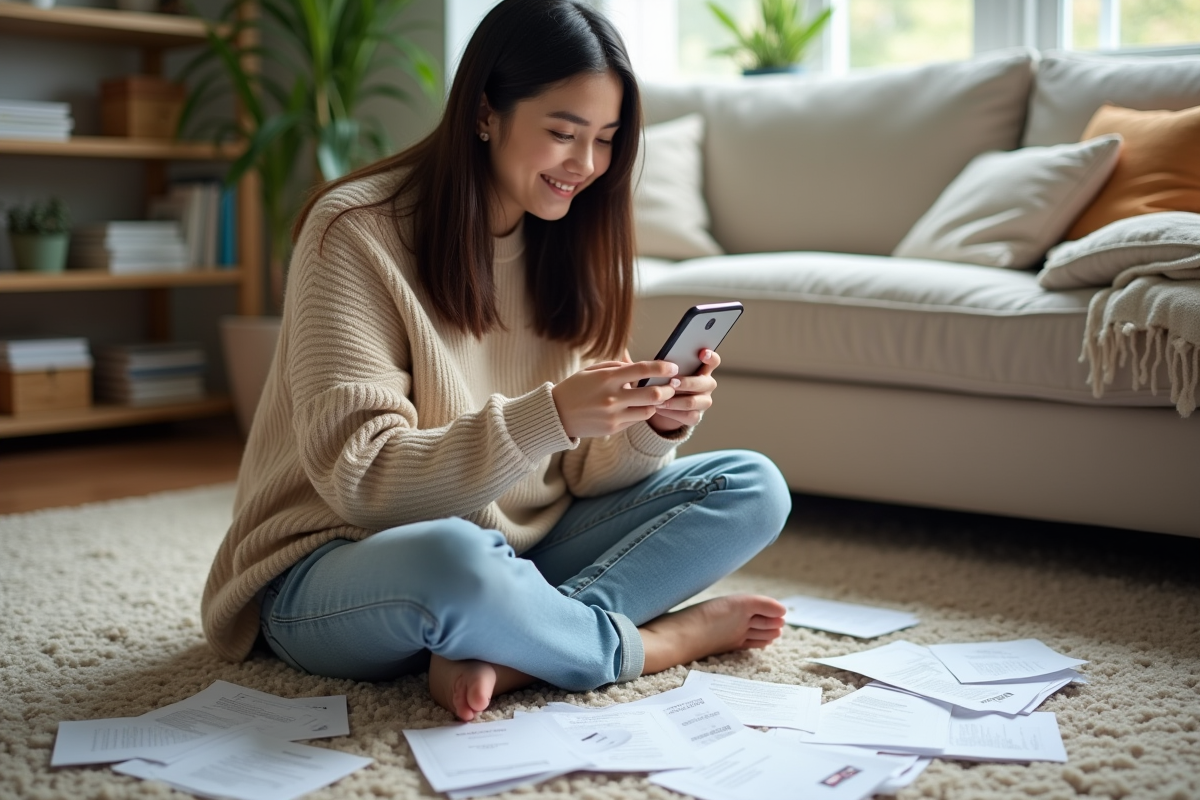 Jeune femme scannant des papiers avec son smartphone