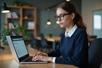 Jeune femme ajustant la sécurité email sur son ordinateur au bureau