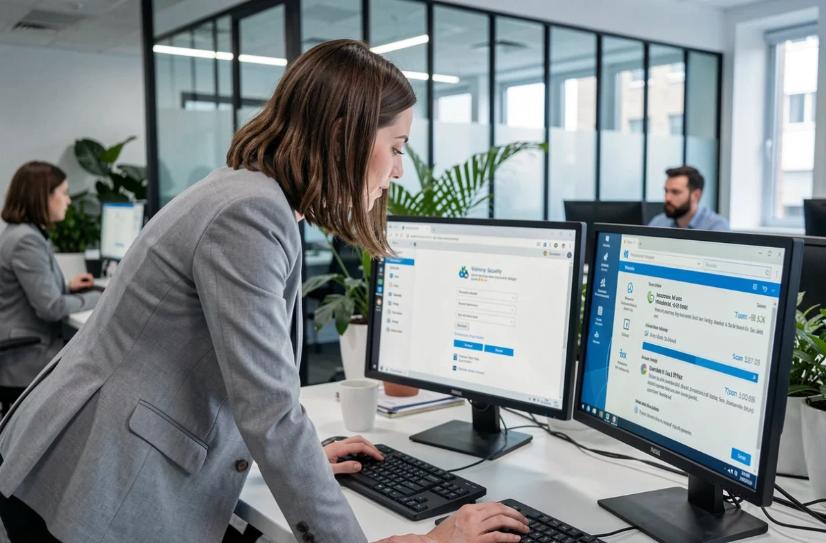 Femme vérifiant les paramètres de sécurité Windows Defender sur un poste de travail double écran en open space