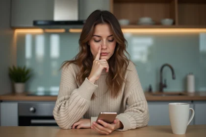 Jeune femme utilisant son smartphone dans la cuisine