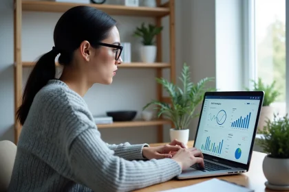 Femme consultant un tableau de bord SEO sur ordinateur portable pour paramétrer et optimiser les positions d'un site web avec Evoluseo