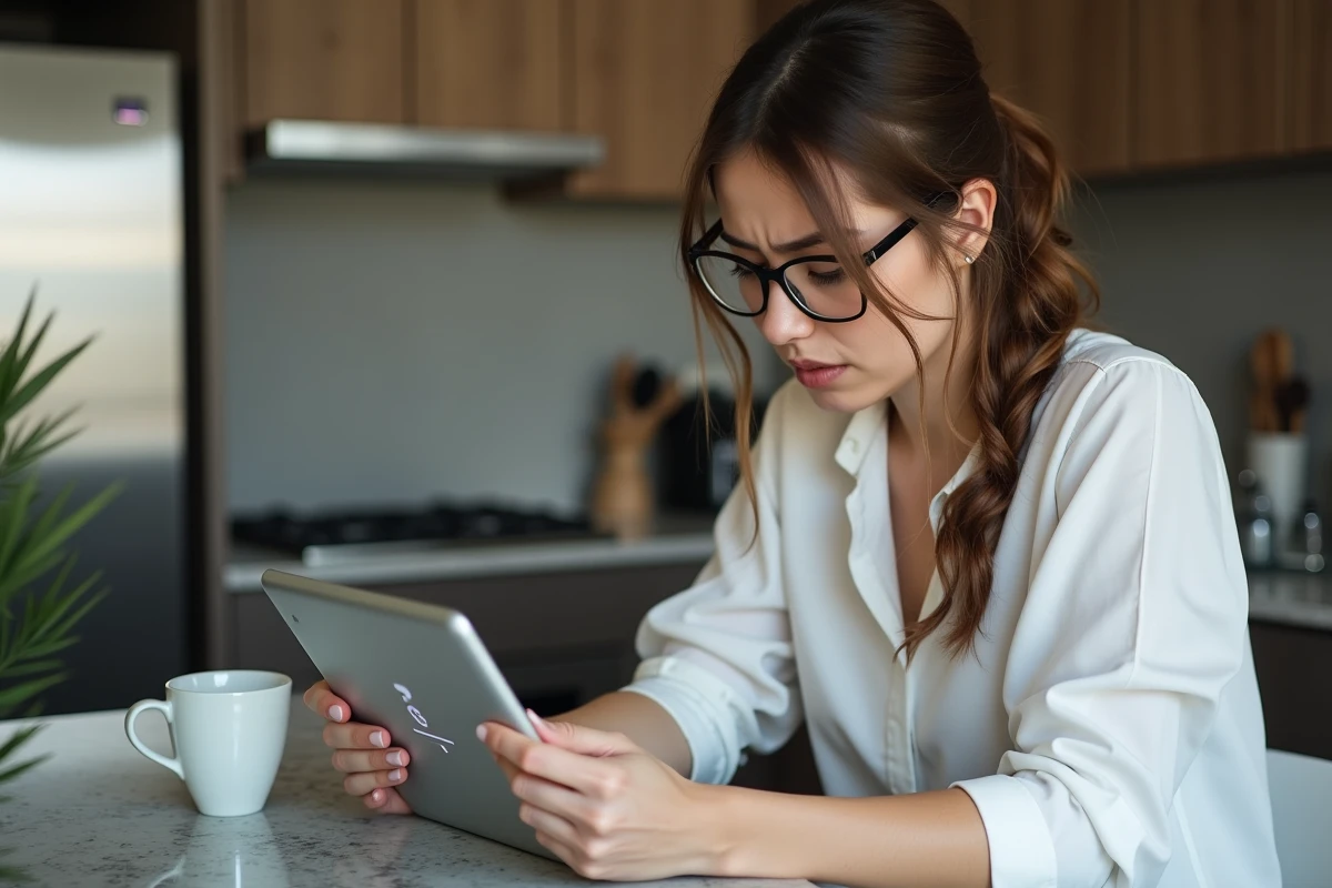Femme fachee regarde sa tablette en cuisine