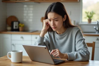 Jeune femme frustrée essayant de déverrouiller une tablette Samsung bloquée sur une table de cuisine