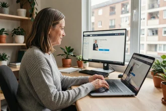 Femme en télétravail accédant à l'intranet de Paris sur son ordinateur portable depuis un bureau à domicile