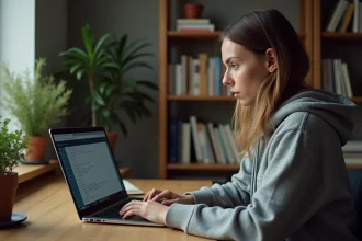 Femme utilisant un terminal Linux pour convertir des fichiers JFIF en JPEG sur un ordinateur portable