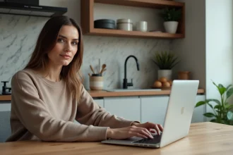 Femme travaillant sur un ordinateur dans une cuisine moderne