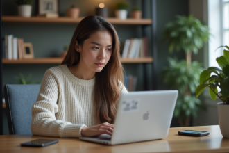 Jeune femme concentrée travaillant sur son ordinateur dans un bureau à domicile