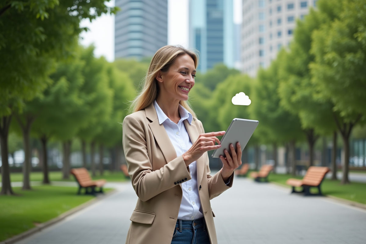 Femme souriante utilisant une tablette dans un parc urbain