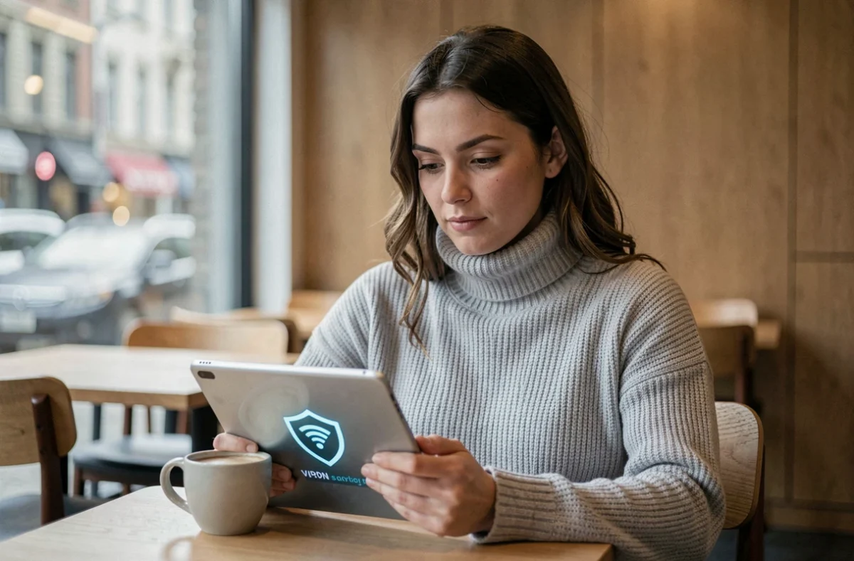 Femme utilisant un VPN sur tablette dans un café pour protéger sa vie privée et rester anonyme en ligne