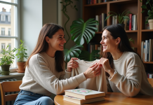 Deux femmes françaises échangent un pull vintage dans un appartement parisien