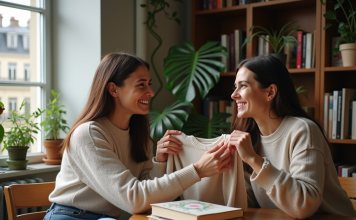 Deux femmes françaises échangent un pull vintage dans un appartement parisien