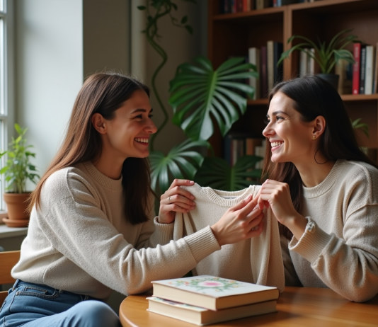 Deux femmes françaises échangent un pull vintage dans un appartement parisien